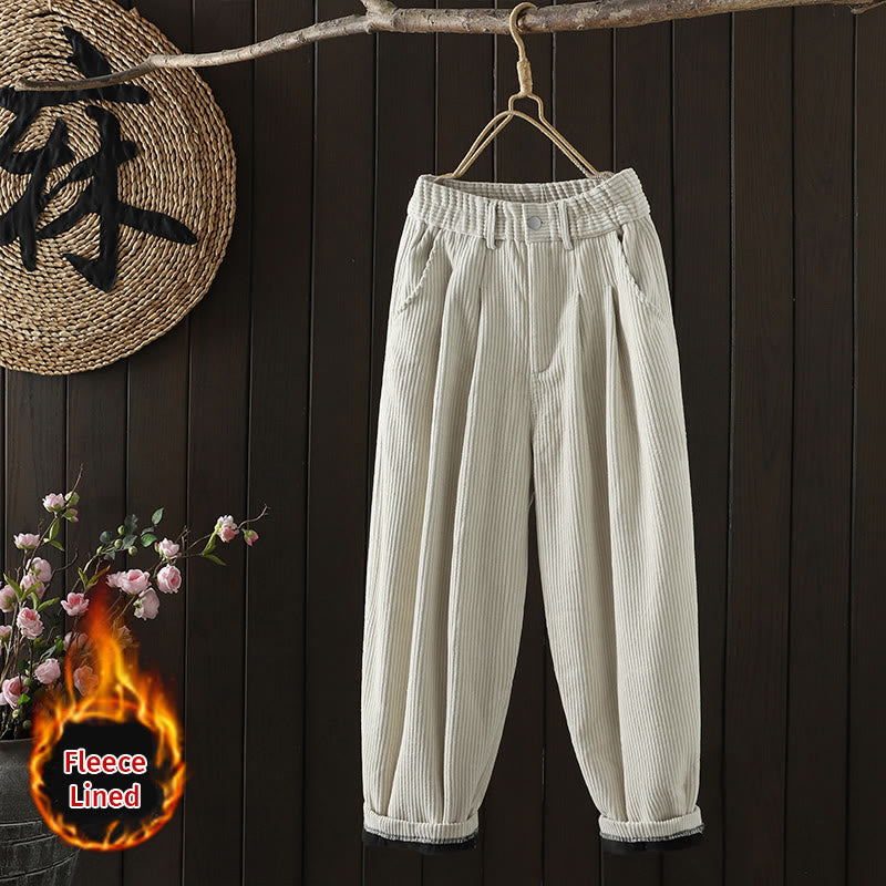 Buddha Stones Women's Winter Plain Corduroy Cotton High Waist Fleece-Lined Harem Pants With Pockets - Linen - US8-10，UK/AU12-14，EU40-42 (2XL) - image 0
