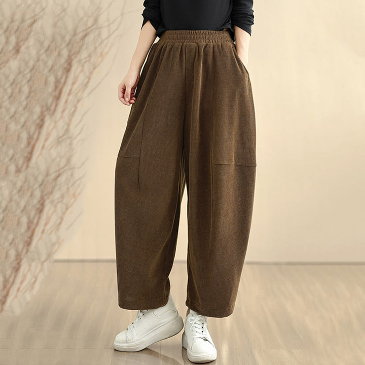 Buddha Stones Women's Fall Patchwork Plain Corduroy Harem Pants With Pockets - image 3