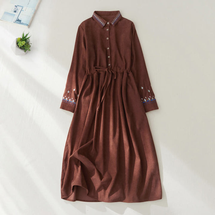 Buddha Stones Embroidered Floral Pattern Lace-up Design Long Sleeve Midi Dress With Pockets - Sienna - US8-10，UK/AU12-14，EU40-42 (2XL) - image 0