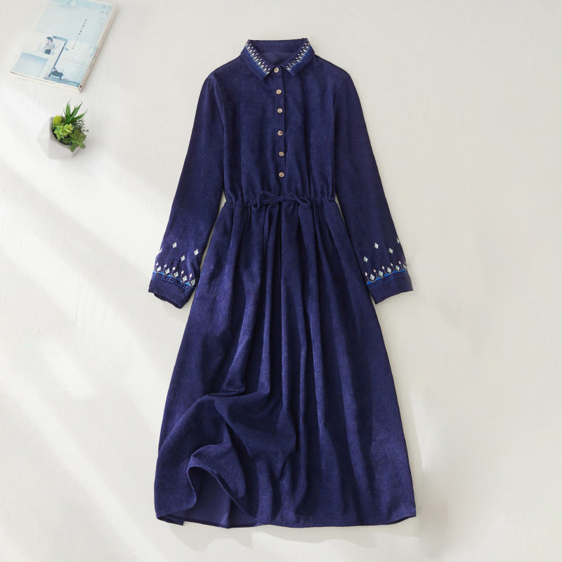 Buddha Stones Embroiderd Floral Pattern Lace -up Design Long Sleeve Midi Dress With Pockets - DarkBlue - US8-10，UK/AU12-14，EU40-42 (2XL) - image 10