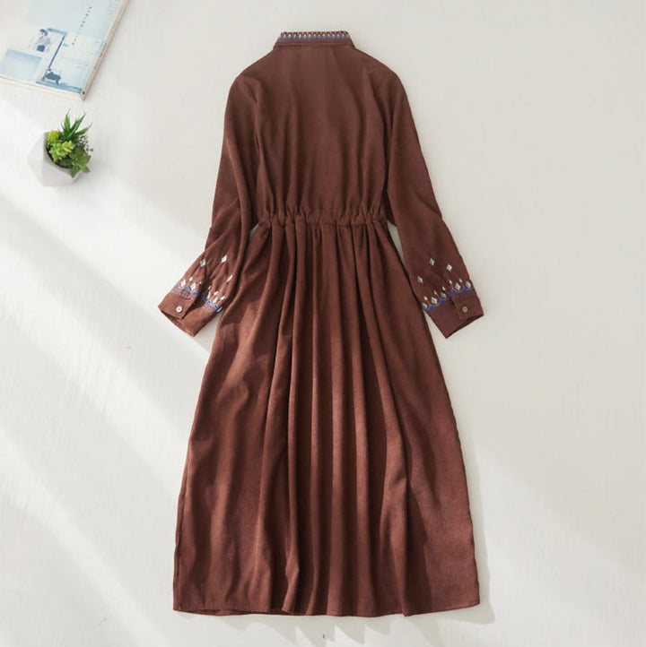 Buddha Stones Embroiderd Floral Pattern Lace -up Design Long Sleeve Midi Dress With Pockets - image 1