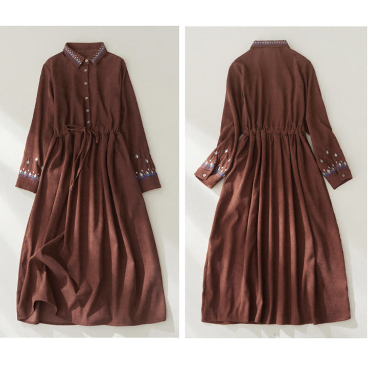 Buddha Stones Embroidered Floral Pattern Lace-up Design Long Sleeve Midi Dress With Pockets - image 7