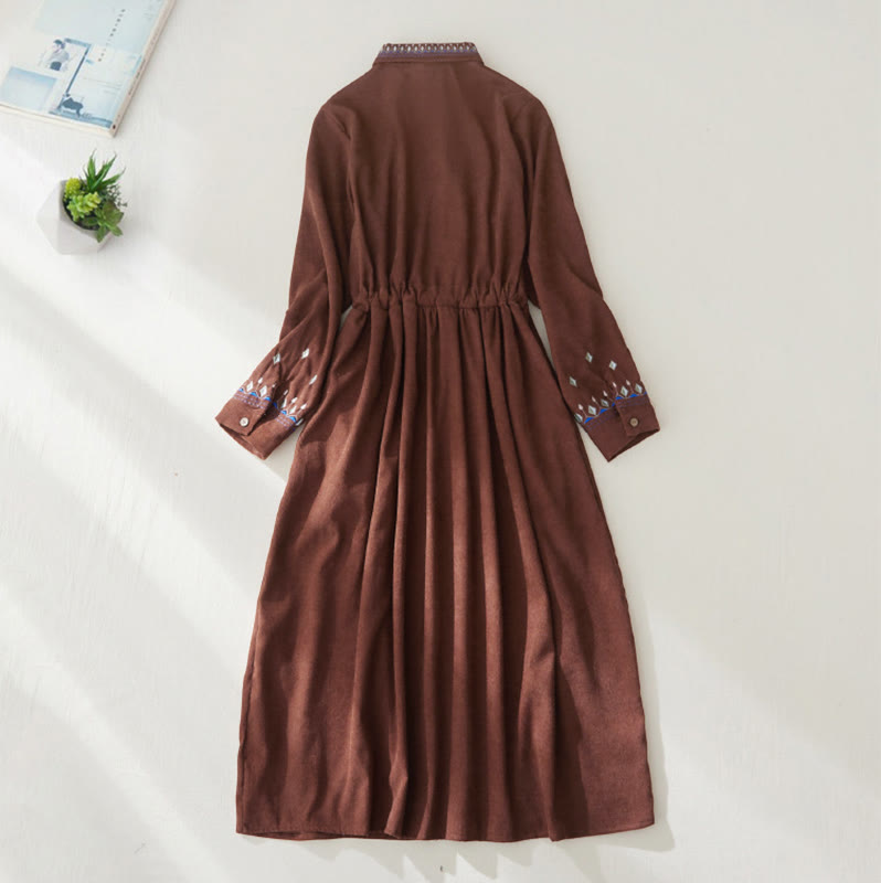 Buddha Stones Embroidered Floral Pattern Lace-up Design Long Sleeve Midi Dress With Pockets - image 1