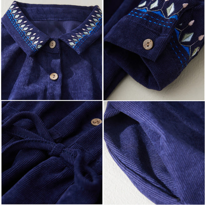 Buddha Stones Embroidered Floral Pattern Lace-up Design Long Sleeve Midi Dress With Pockets - image 12