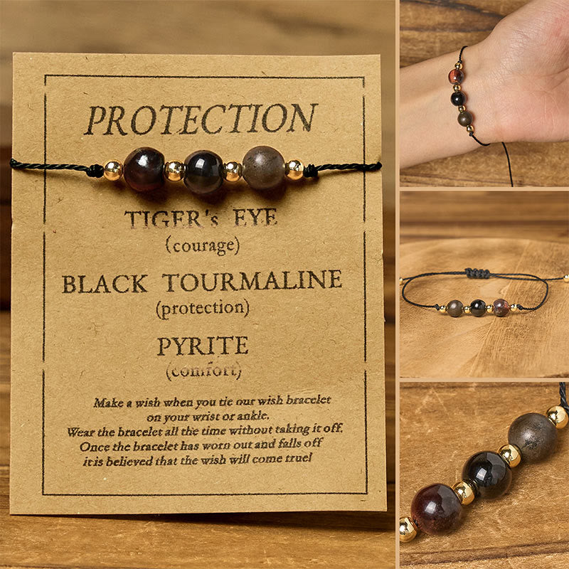 Buddha Stones Tiger Eye Black Tourmaline Pyrite Protection Card Rope Bracelet - Round Beads(Wrist Circumference: 14-23cm) - image 10