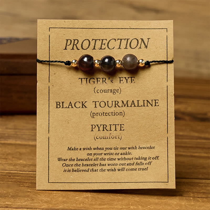 Buddha Stones Tiger Eye Black Tourmaline Pyrite Protection Card Rope Bracelet - image 11