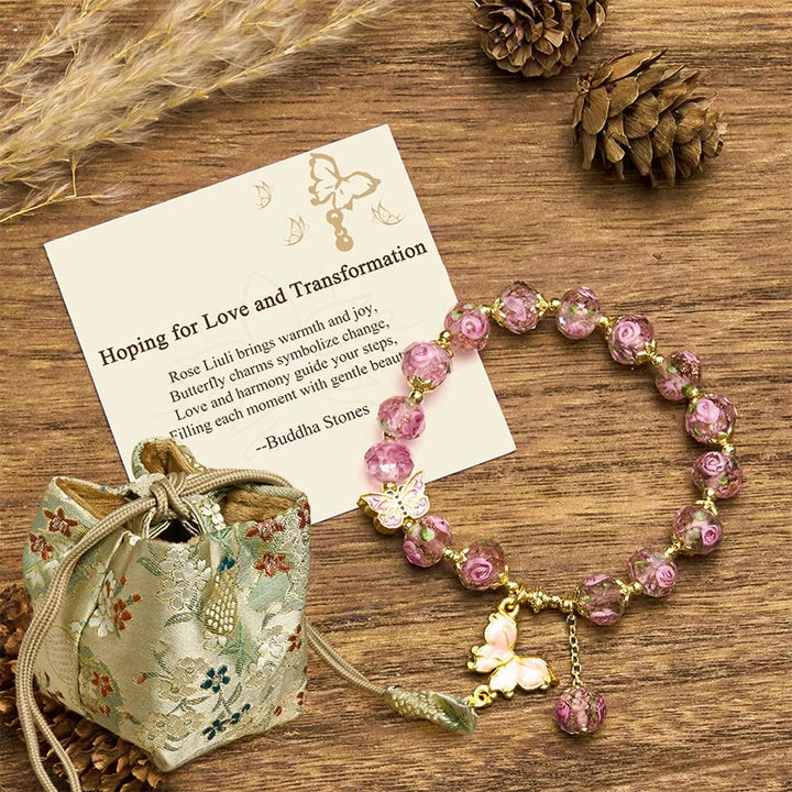 Buddha Stones "Hoping for Love and Transformation" Butterfly Bracelet Includes Gift Message Card - Pink Liuli(Wrist Circumference: 18cm) - Deluxe Gift Bag (+$9.59) - image 14