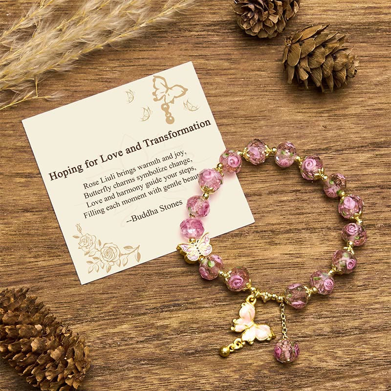 Buddha Stones "Hoping for Love and Transformation" Butterfly Bracelet Includes Gift Message Card - Pink Liuli(Wrist Circumference: 18cm) - Standard Gift Box - image 12