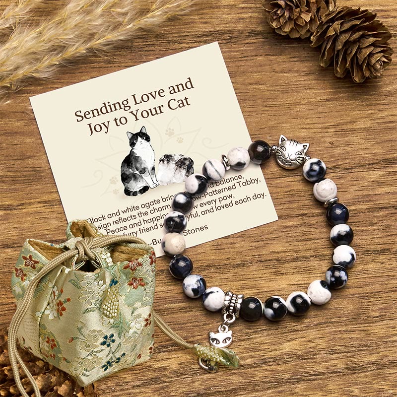 Buddha Stones "Sending Love and Joy to Your Cat" Cat Agate Bracelet Includes Gift Message Card - Black and White Cat(Wrist Circumference 15-16cm) - Deluxe Gift Bag (+$12.59) - image 6