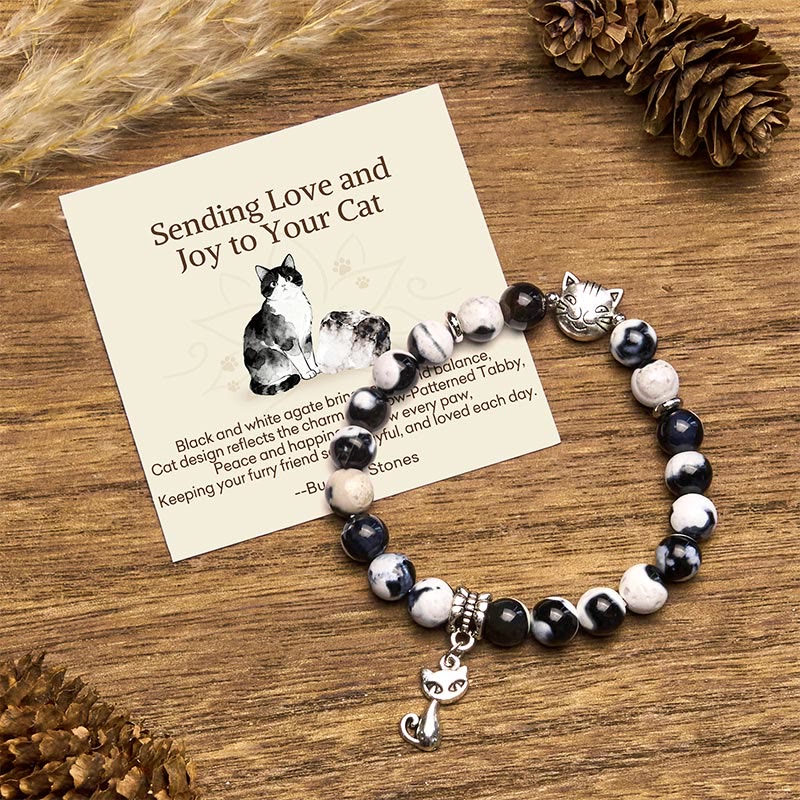Buddha Stones "Sending Love and Joy to Your Cat" Cat Agate Bracelet Includes Gift Message Card - Black and White Cat(Wrist Circumference 15-16cm) - Standard Gift Box - image 0