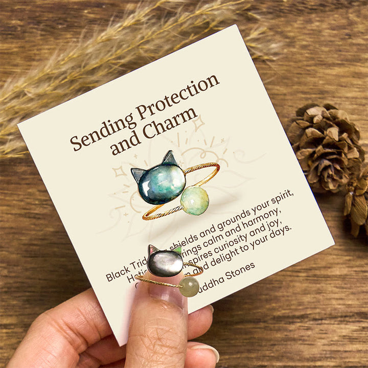 Buddha Stones "Sending Protection and Charm" Tridacna Stone Cat Ring Includes Gift Message Card - Adjustable - Standard Gift Box - image 0