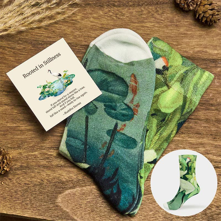 Buddha Stones "Rooted in Stillness" Crane Lotus Koi Fish Women's Socks Includes Gift Message Card - MediumAquamarine - S (US 4.5-7，EU 35-38，UK/AU 2.5-4.5，AISA 22.5-24.5cm) - With Message Card - image 0