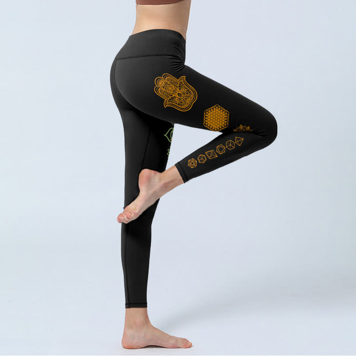 Buddha Stones Hamsa Flower Of Life Platonic Solids Chakra Pattern Gym Leggings Women's Yoga Pants - image 3