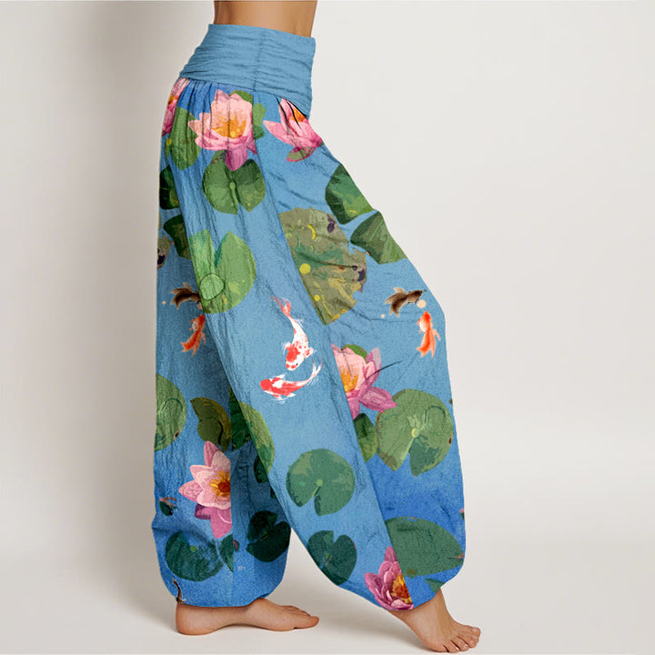 Buddha Stones Print Koi Fish Lotus Flowers Pattern Women's Elastic Waist Harem Pure Cotton Pants - image 1