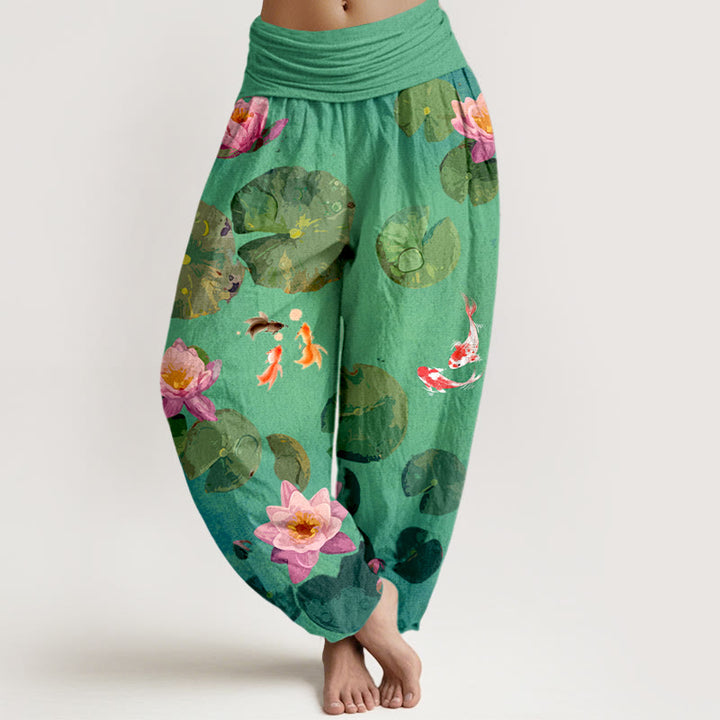 Buddha Stones Print Koi Fish Lotus Flowers Pattern Women's Elastic Waist Harem Pure Cotton Pants - SpringGreen - US16，UK/AU20，EU48 (3XL) - image 5