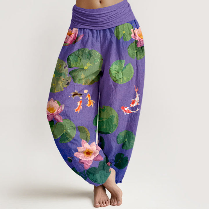Buddha Stones Print Koi Fish Lotus Flowers Pattern Women's Elastic Waist Harem Pure Cotton Pants - DarkViolet - US16，UK/AU20，EU48 (3XL) - image 8