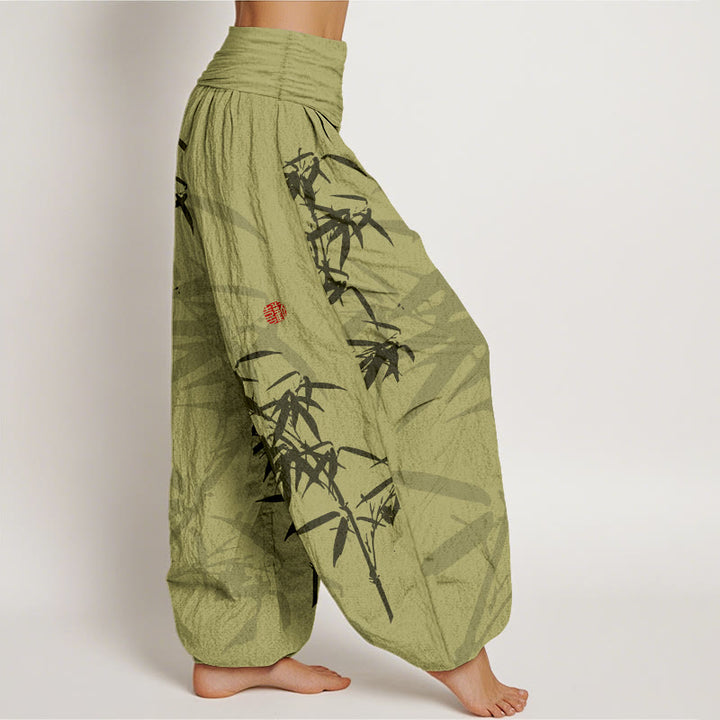 Buddha Stones Print Pure Cotton Bamboo Leaves Pattern Women's Elastic Waist Harem Pants - image 1
