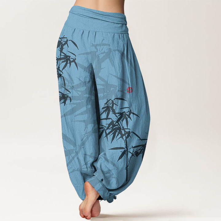 Buddha Stones Print Pure Cotton Bamboo Leaves Pattern Women's Elastic Waist Harem Pants - image 7