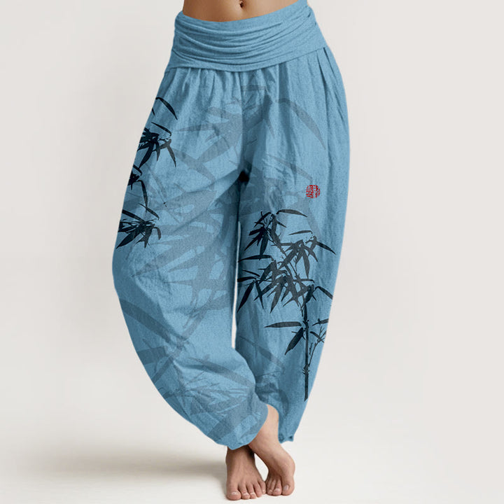 Buddha Stones Print Pure Cotton Bamboo Leaves Pattern Women's Elastic Waist Harem Pants - SkyBlue - US16，UK/AU20，EU48 (3XL) - image 5