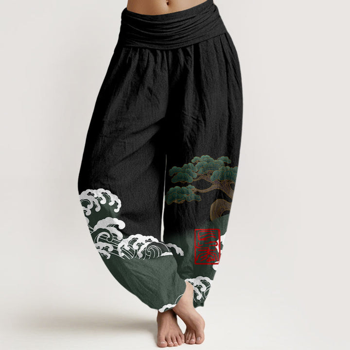 Buddha Stones Print Pure Cotton Pine Tree Rolling Waves Pattern Women's Elastic Waist Harem Pants - Black - US16，UK/AU20，EU48 (3XL) - image 0