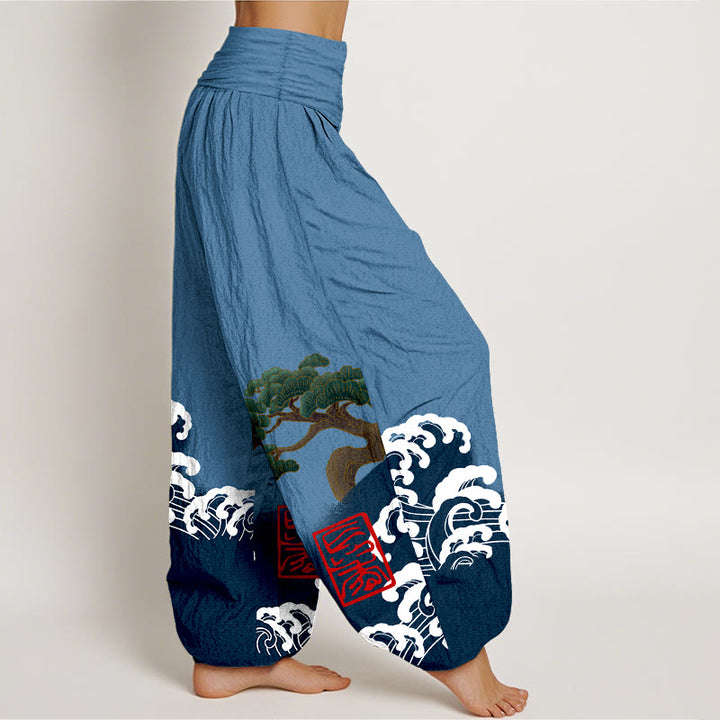 Buddha Stones Print Pure Cotton Pine Tree Rolling Waves Pattern Women's Elastic Waist Harem Pants - image 6