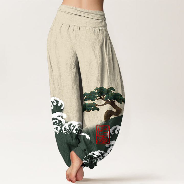 Buddha Stones Print Pure Cotton Pine Tree Rolling Waves Pattern Women's Elastic Waist Harem Pants - image 10