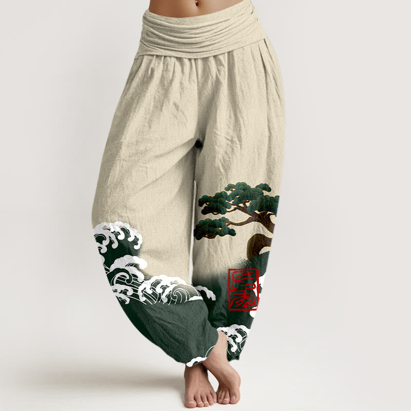 Buddha Stones Print Pure Cotton Pine Tree Rolling Waves Pattern Women's Elastic Waist Harem Pants - Beige - US16，UK/AU20，EU48 (3XL) - image 8