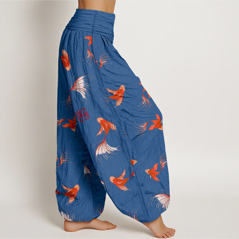 Buddha Stones Print Pure Cotton Koi Fish Pattern Women's Elastic Waist Harem Pants - image 9