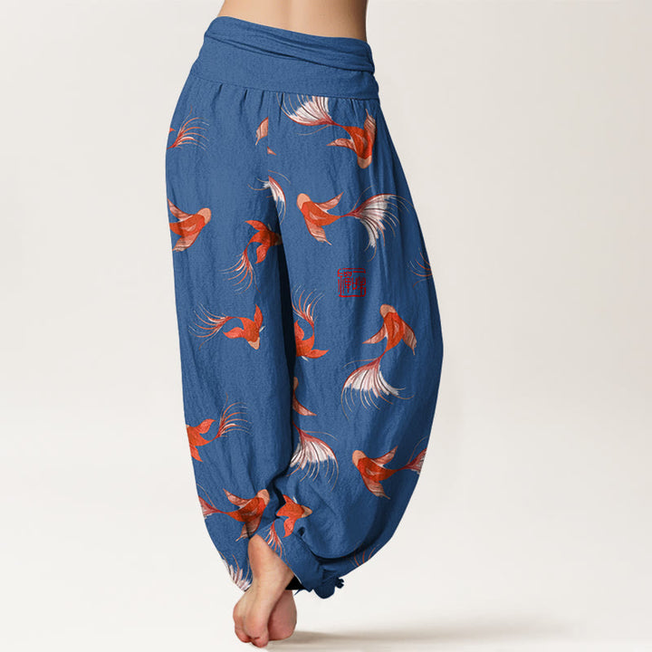 Buddha Stones Print Pure Cotton Koi Fish Pattern Women's Elastic Waist Harem Pants - image 10
