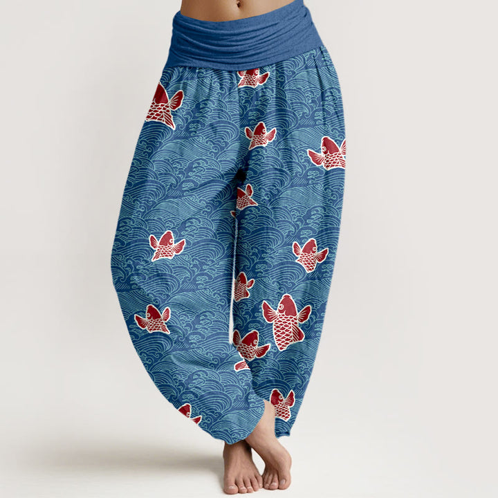 Buddha Stones Print Koi Fishes Waves Pattern Women's Elastic Waist Harem Pure Cotton Pants - RoyalBlue - US16，UK/AU20，EU48 (3XL) - image 5