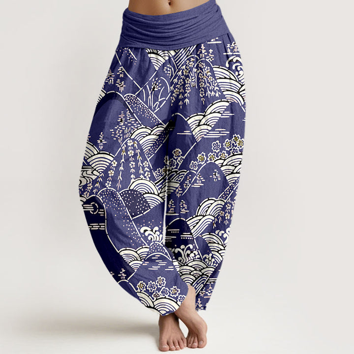 Buddha Stones Printed Mountains Waves Floral Pattern Women's Elastic Waist Harem Pure Cotton Pants - Indigo - US16，UK/AU20，EU48 (3XL) - image 5