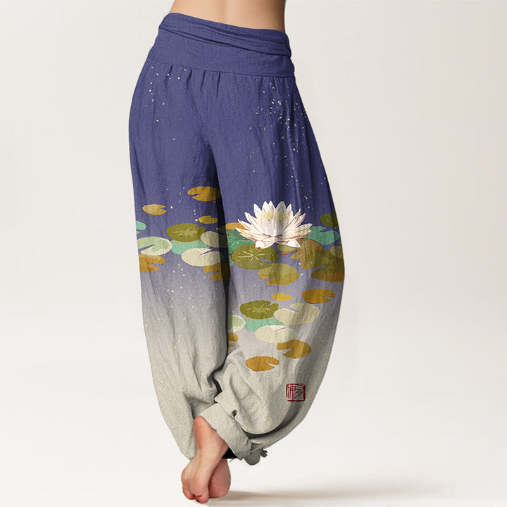 Buddha Stones Printed White Lotus Leaves Pattern Women's Elastic Waist Harem Pure Cotton Pants - image 7