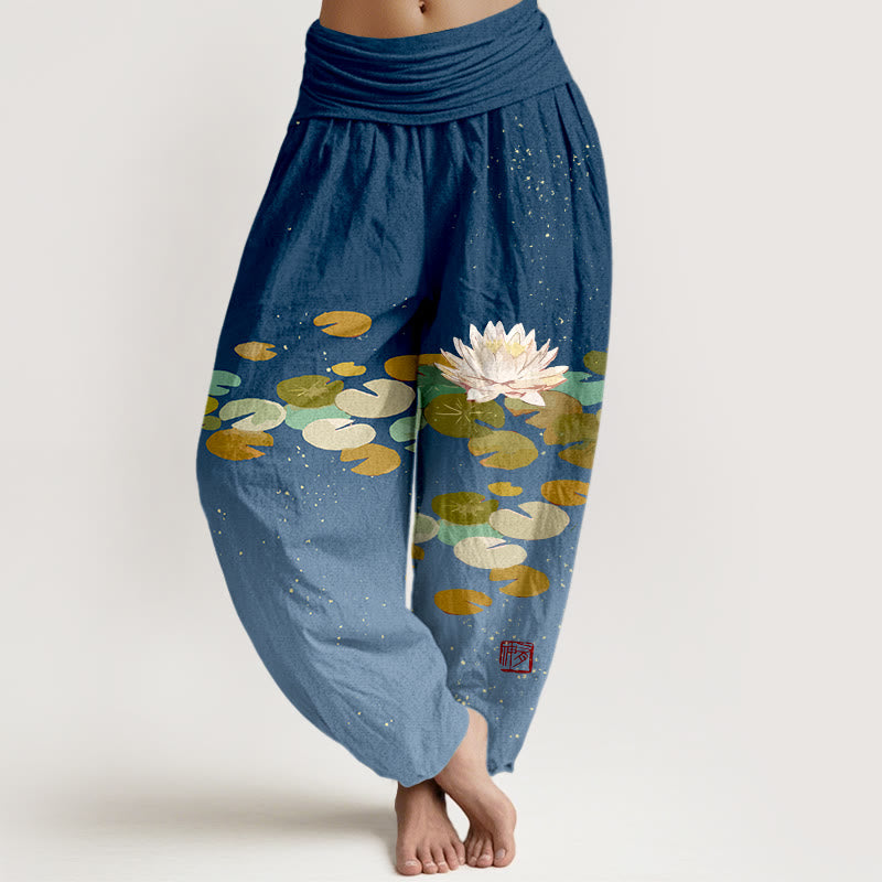 Buddha Stones Printed White Lotus Leaves Pattern Women's Elastic Waist Harem Pure Cotton Pants - DarkBlue - US16，UK/AU20，EU48 (3XL) - image 8