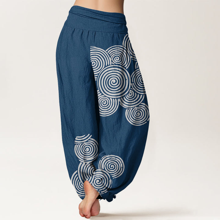 Buddha Stones Printed White Spiral Pattern Women's Elastic Waist Harem Pure Cotton Pants - image 2