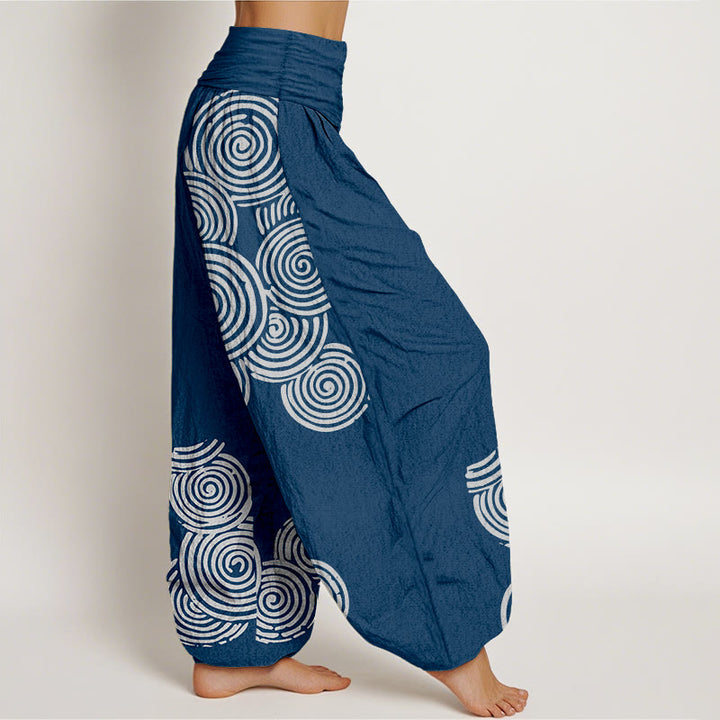 Buddha Stones Printed White Spiral Pattern Women's Elastic Waist Harem Pure Cotton Pants - image 1