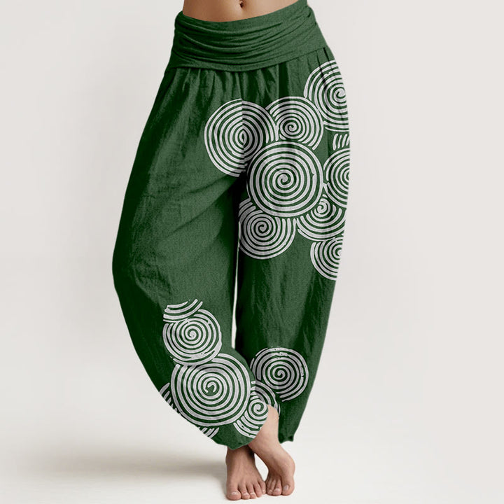 Buddha Stones Printed White Spiral Pattern Women's Elastic Waist Harem Pure Cotton Pants - DarkGreen - US16，UK/AU20，EU48 (3XL) - image 8