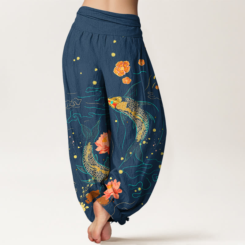 Buddha Stones Koi Fish Lotus Pattern Women's Elastic Waist Harem Pure Cotton Printed Pants - image 7