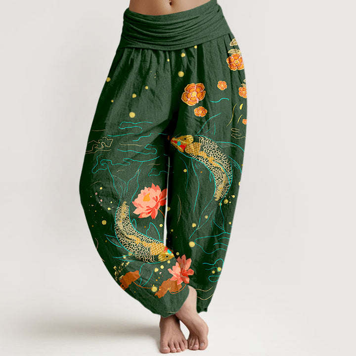 Buddha Stones Koi Fish Lotus Pattern Women's Elastic Waist Harem Pure Cotton Printed Pants - DarkGreen - US16，UK/AU20，EU48 (3XL) - image 8