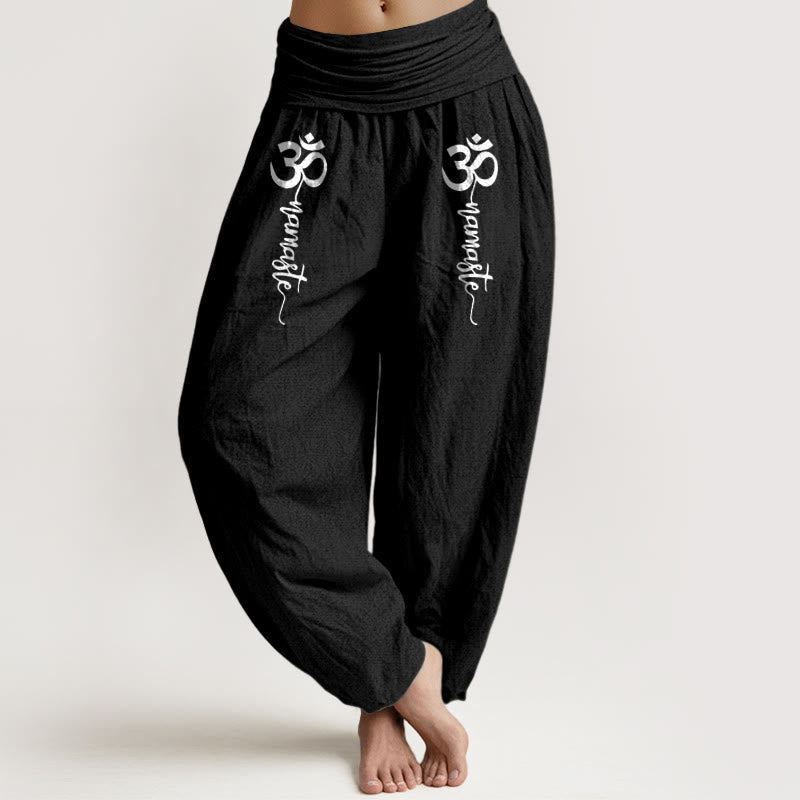 Buddha Stones Namaste Om Pattern Women's Pure Cotton Elastic Waist Harem Pants - Black - US16，UK/AU20，EU48 (3XL) - image 5