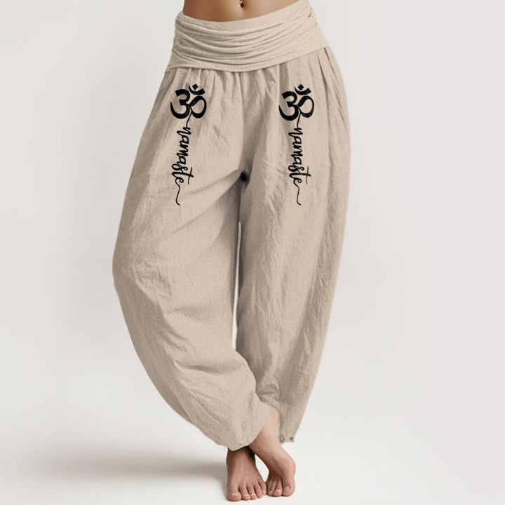 Buddha Stones Namaste Om Pattern Women's Pure Cotton Elastic Waist Harem Pants - Beige - US16，UK/AU20，EU48 (3XL) - image 14