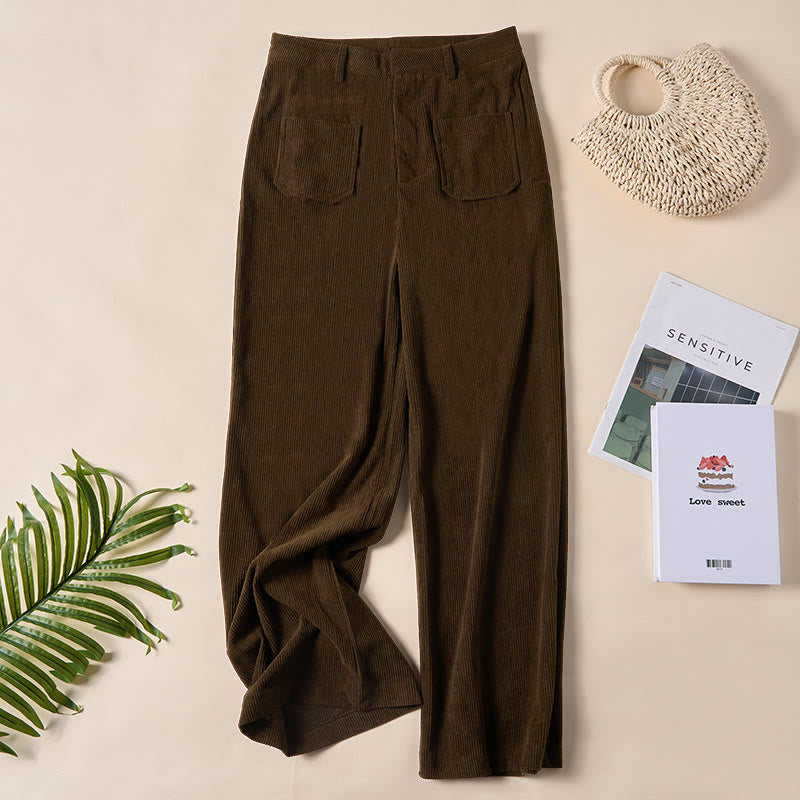 Buddha Stones Plain Corduroy Polyester Women's Buttons Wide Leg Pants With Pockets - SaddleBrown - US14，UK/AU18，EU46 (2XL) - image 0