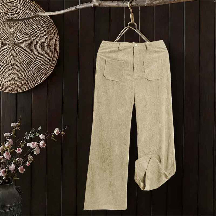 Buddha Stones Plain Corduroy Polyester Women's Buttons Wide Leg Pants With Pockets - image 12