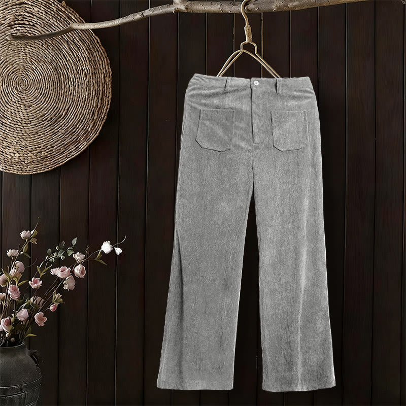 Buddha Stones Plain Corduroy Polyester Women's Buttons Wide Leg Pants With Pockets - image 16