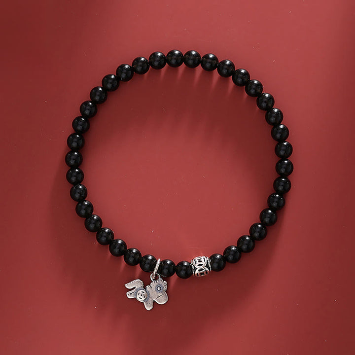 Buddha Stones Year Of The Horse 925 Sterling Silver Natural Black Obsidian Strength Bracelet - Horse & 925 Sterling Silver & Black Obsidian(Wrist Circumference 16-17cm) - image 0
