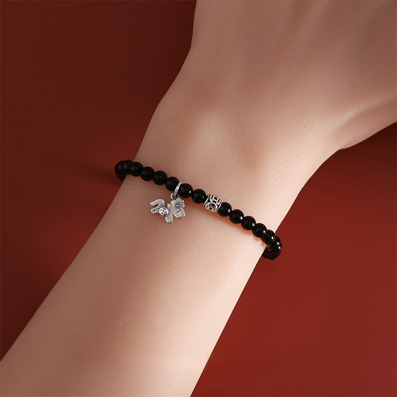 Buddha Stones Year Of The Horse 925 Sterling Silver Natural Black Obsidian Strength Bracelet - image 4