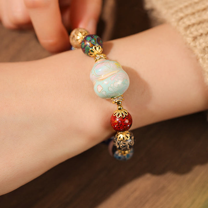 Buddha Stones Colorful Liuli Glass Sandalwood Gourd Bead Lacquer Craft Bracelet - image 12