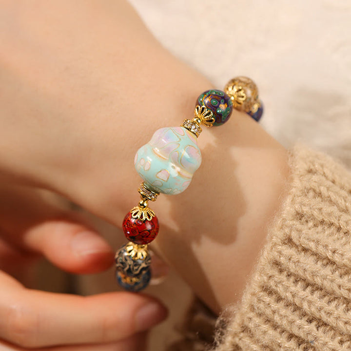 Buddha Stones Colorful Liuli Glass Sandalwood Gourd Bead Lacquer Craft Bracelet - image 11