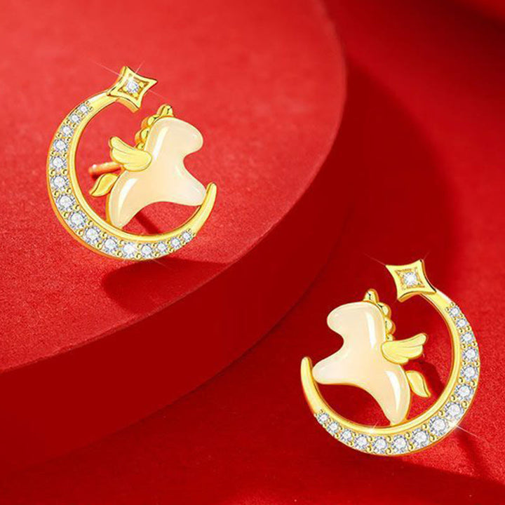 Buddha Stones Year Of The Horse Hetian Jade 925 Sterling Silver Moon Zircon Abundance Earrings - image 2