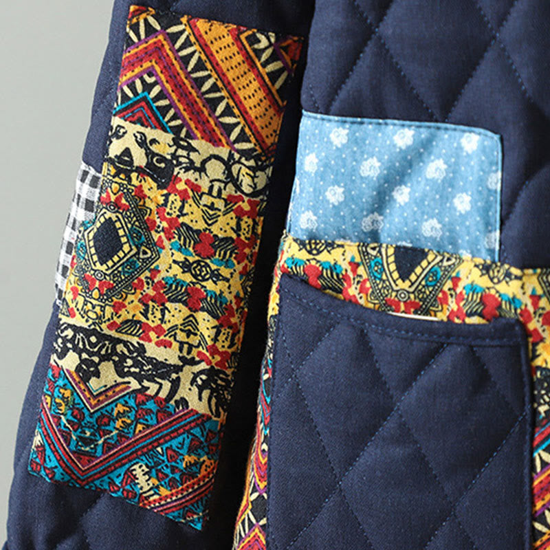 Buddha Stones Ethnic Frog-button Patchwork Women's Thickened Cotton Long Sleeve Jacket With Pockets - image 10