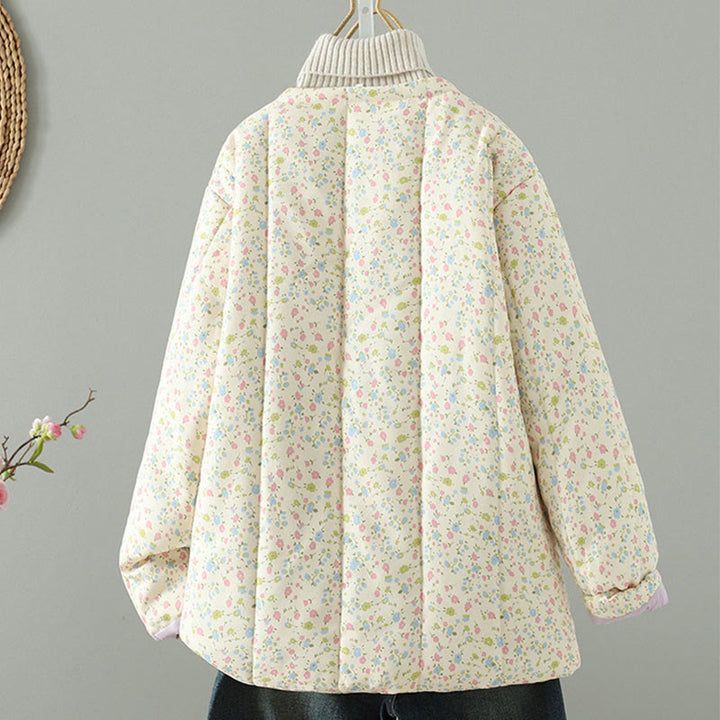 Buddha Stones Button Design Floral Pattern Women's Cotton Long Sleeve Thickened Jacket With Pockets - image 1